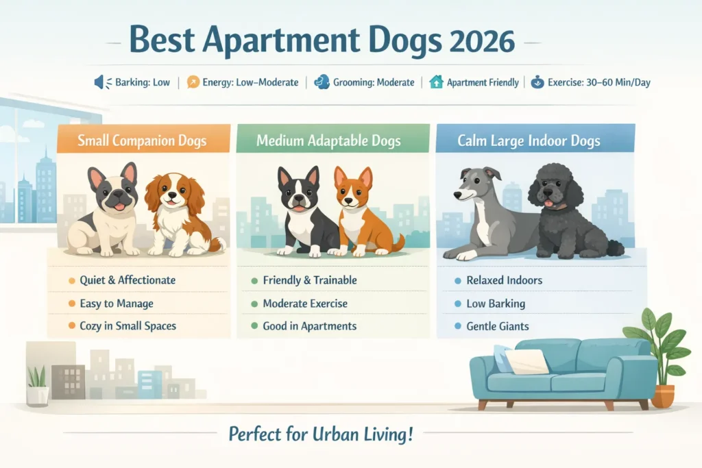Best apartment dogs infographic 2026 showing calm dog breeds for flats with energy level, barking tendency, grooming needs, and urban living suitability.
