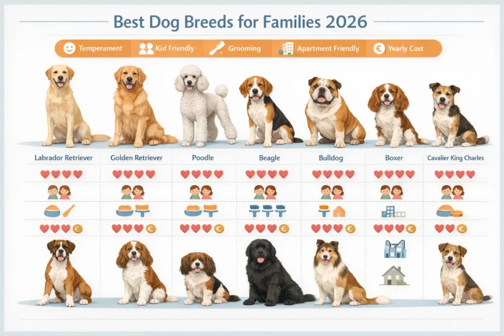 Best dog breeds for families 2026 infographic showing kid-friendly dogs, apartment suitability, grooming needs, and cost comparison.