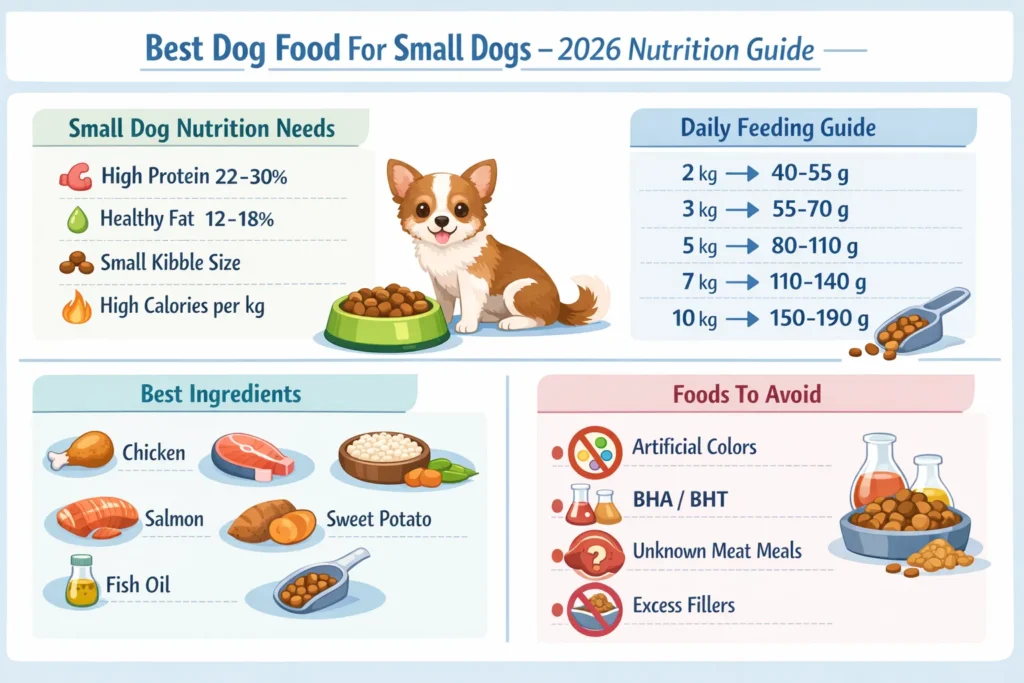 Best dog food for small dogs infographic showing feeding chart, nutrition needs, and healthy ingredients for small breeds