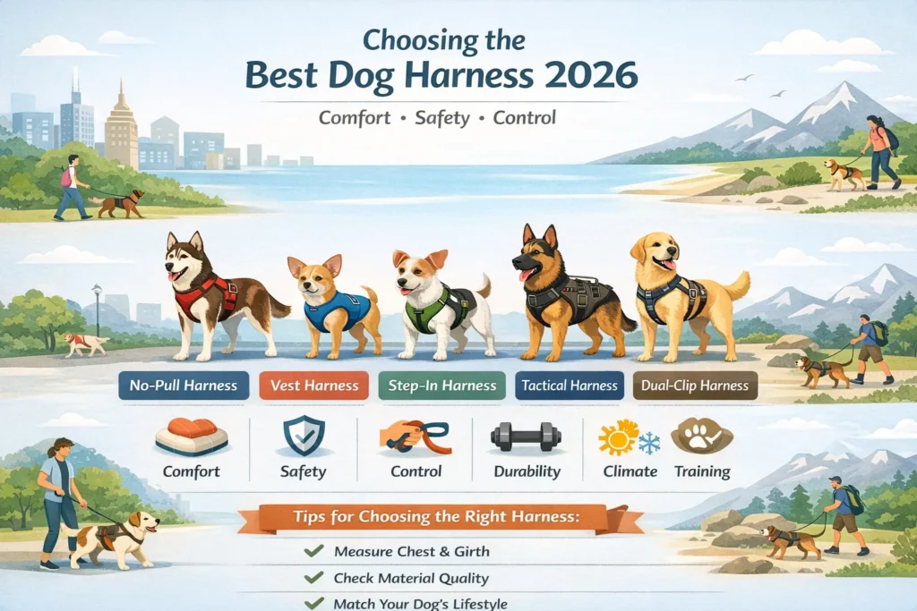 Best dog harness infographic showing types, comfort, safety features, training benefits, and how to choose the right dog harness for daily walks in 2026.