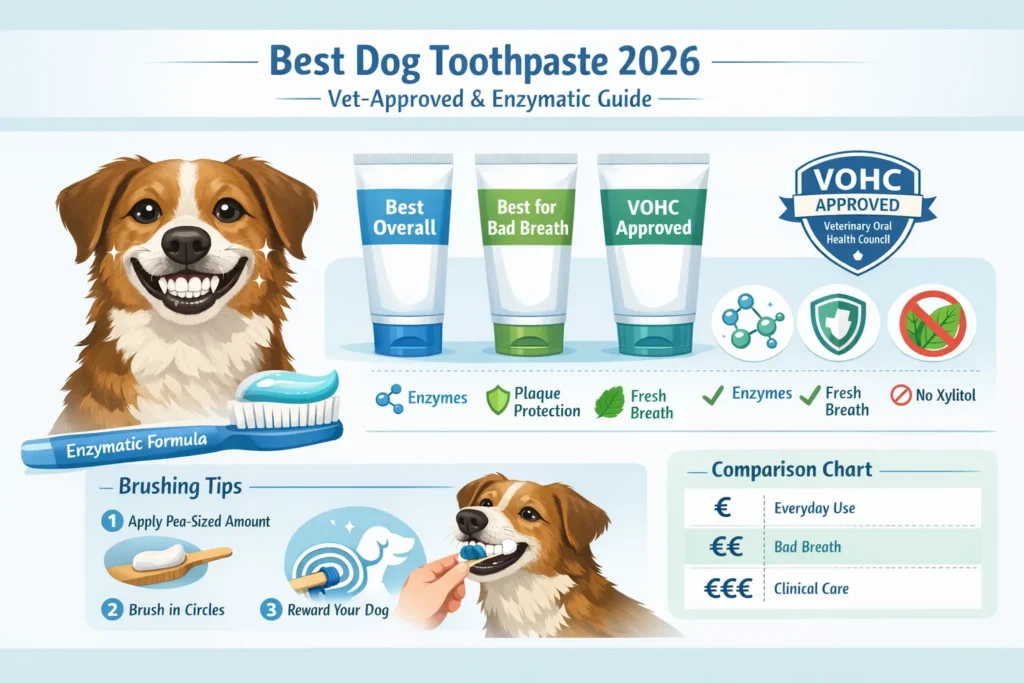 Best dog toothpaste 2026 infographic showing vet-approved enzymatic formulas, VOHC badge, plaque protection icons, and step-by-step brushing guide for dogs.