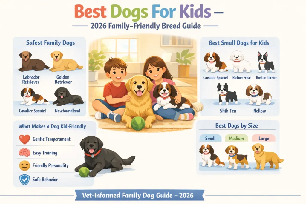Best dogs for kids infographic showing safest family dog breeds including Labrador Retriever, Golden Retriever, and Cavalier Spaniel with kid-friendly traits.