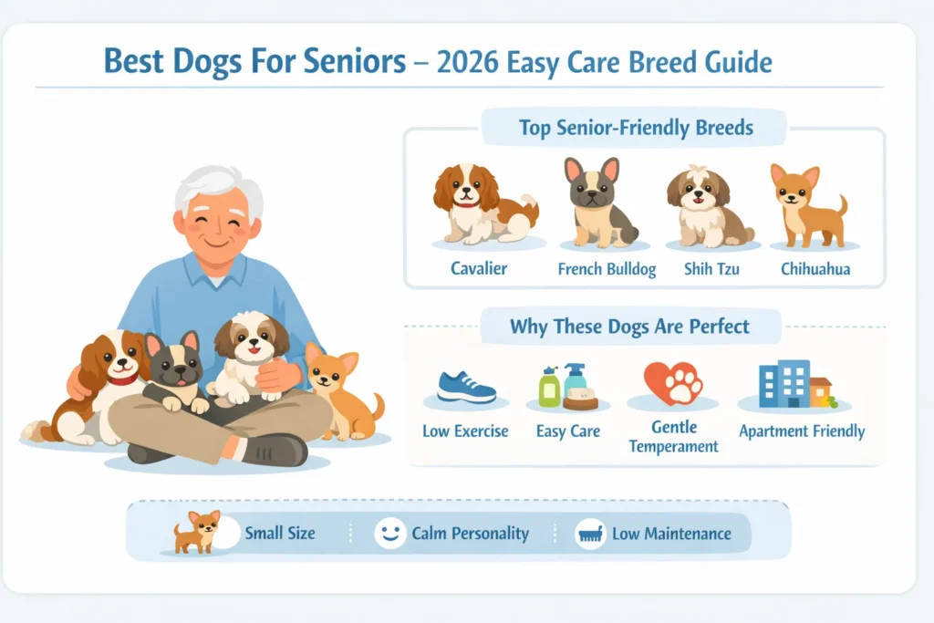 Best dogs for seniors infographic showing calm small breeds with low exercise and easy care needs for older adults