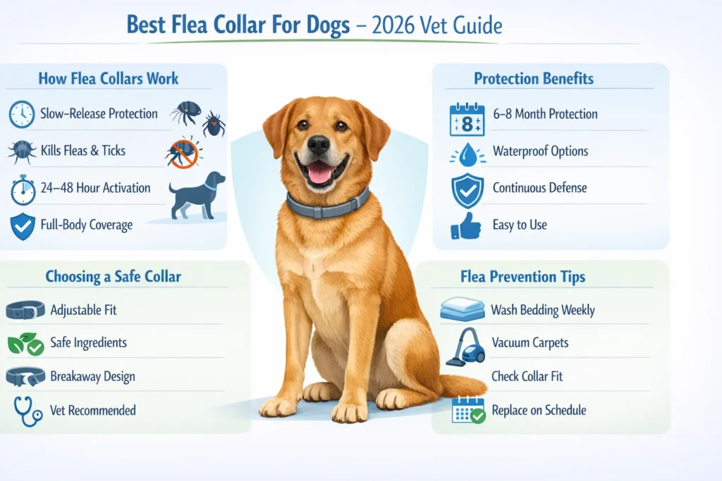 Best flea collar for dogs infographic showing how flea collars work, protection length, safety tips, and flea prevention guide for dogs.