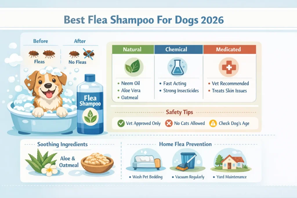 Best flea shampoo for dogs infographic showing natural vs chemical shampoos, safe ingredients, flea prevention tips, and dog grooming guide 2026