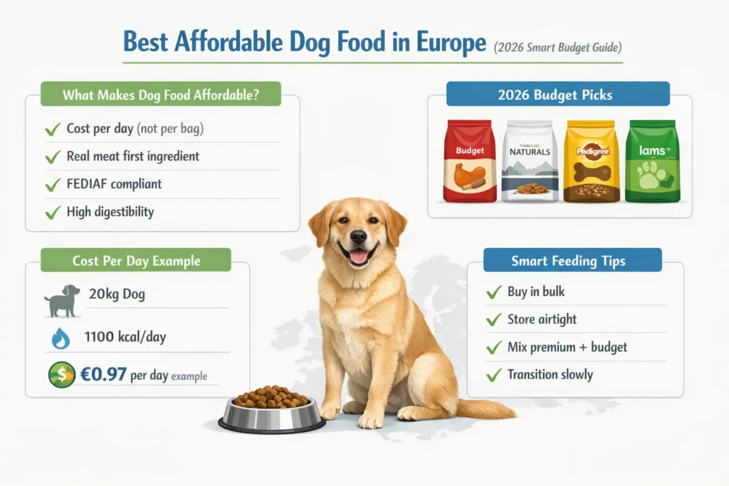 Best affordable dog food in Europe 2026 infographic showing budget brands, cost per day calculation, and smart feeding tips for healthy dogs