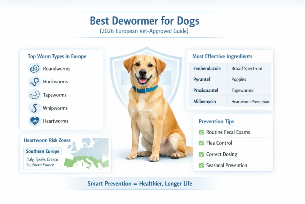 Best dewormer for dogs 2026 infographic showing worm types, active ingredients, heartworm risk in Europe and vet-approved prevention tips