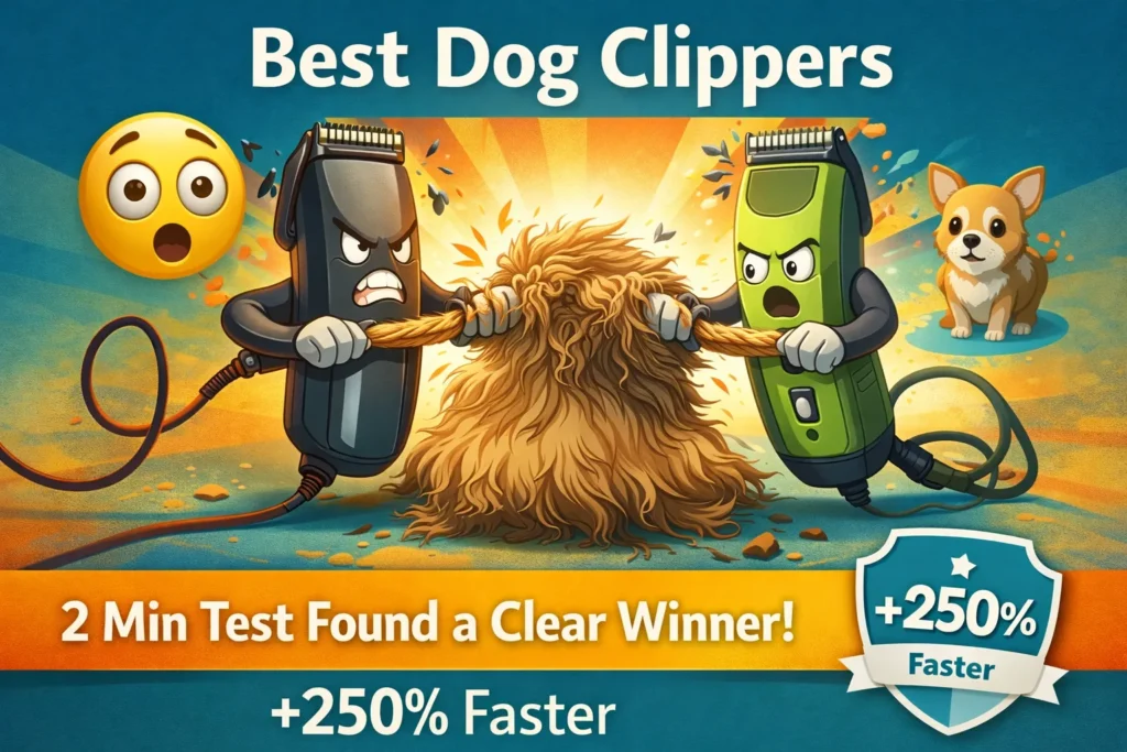 Best dog clippers infographic comparing corded, quiet cordless, and budget cordless clippers for different dog coat types and grooming needs in 2026.
