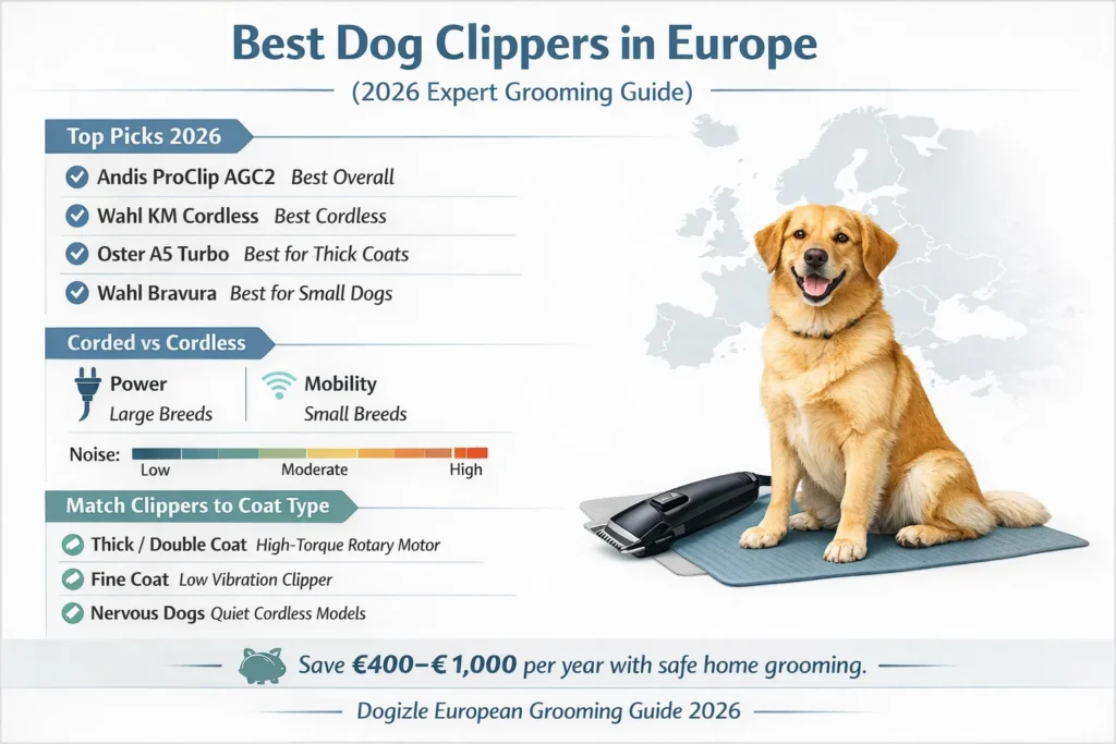 Infographic showing best dog clippers in Europe 2026, comparison of corded vs cordless models, coat type matching guide, and safe home grooming checklist.
