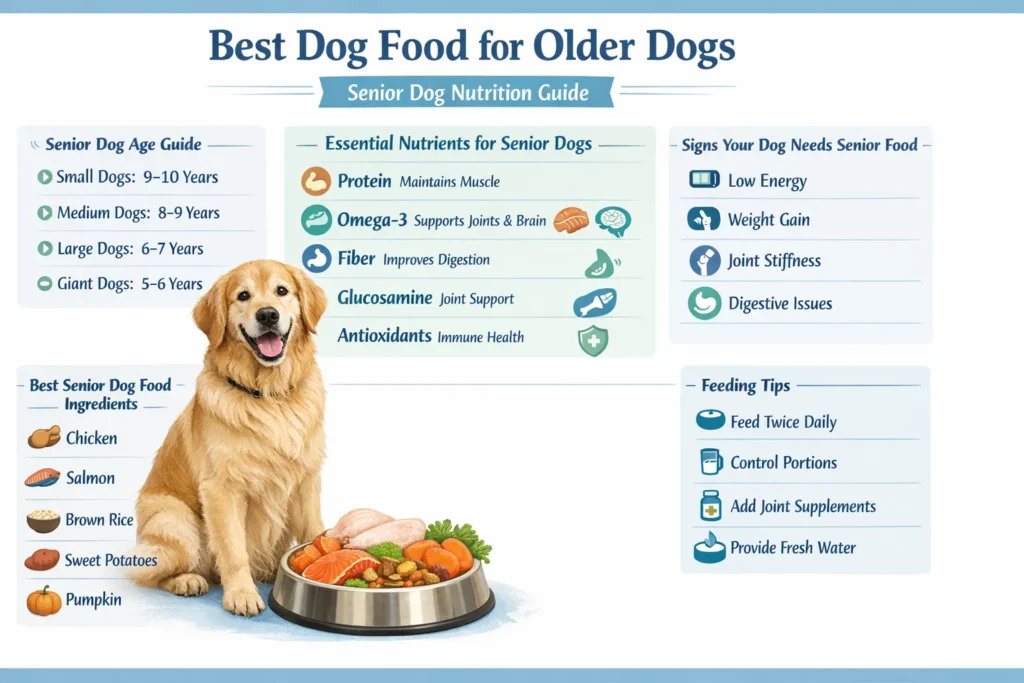 Best dog food for older dogs infographic showing senior dog nutrition, essential nutrients, feeding tips, and age guide for senior dogs.