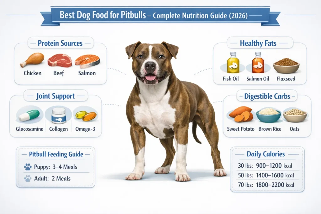 Best dog food for Pitbulls infographic showing high-protein nutrition, healthy fats, omega-3 nutrients, feeding chart, and balanced diet tips for strong and healthy Pitbull dogs.