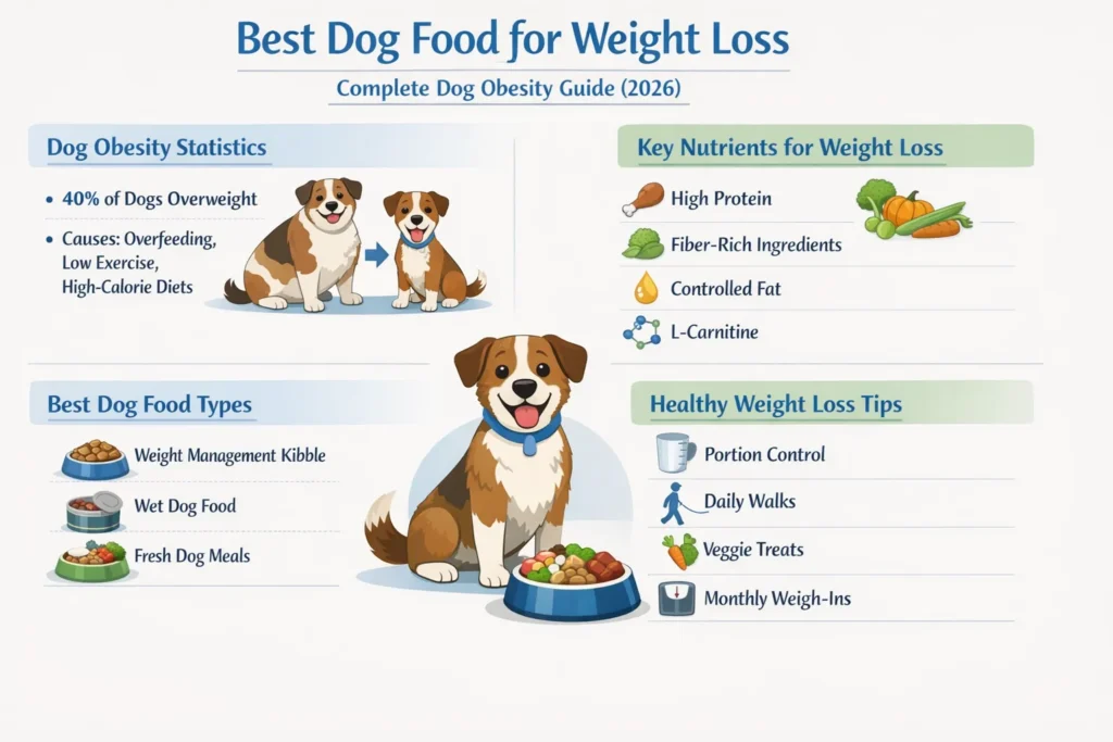 Best dog food for weight loss infographic showing dog obesity causes, weight management nutrients, feeding tips, and healthy diet strategies for overweight dogs.