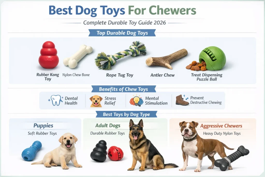 Best dog toys for chewers infographic showing durable rubber toys, nylon chew bones, rope toys, and puzzle toys for aggressive chewers and puppies.