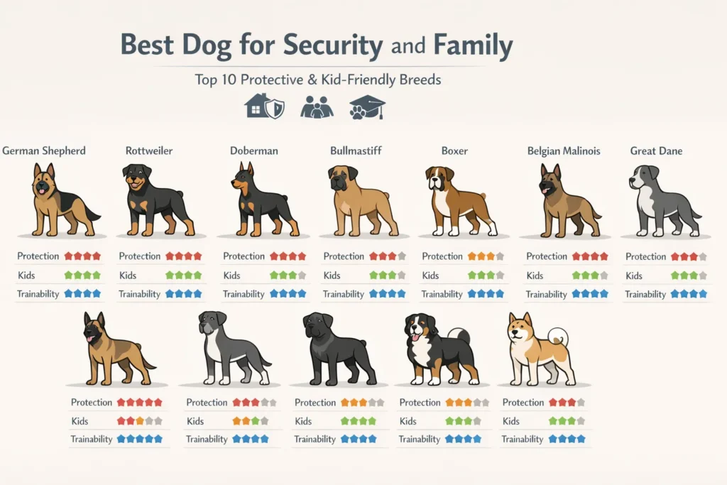 Infographic comparing the 10 best dogs for security and family, including German Shepherd, Rottweiler, Doberman, Boxer, and Cane Corso with protection level, kid-friendliness, and trainability ratings.