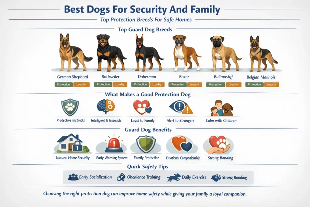 Infographic showing the best dogs for security and family protection including German Shepherd, Rottweiler, Doberman, Boxer, and Bullmastiff with key traits and guard dog benefits.