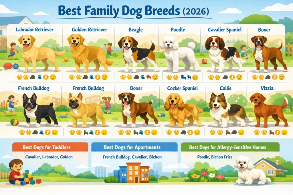 Best family dog breeds infographic showing Labrador Retriever, Golden Retriever, Beagle, Poodle, and other kid-friendly dogs with energy, shedding and size comparison.