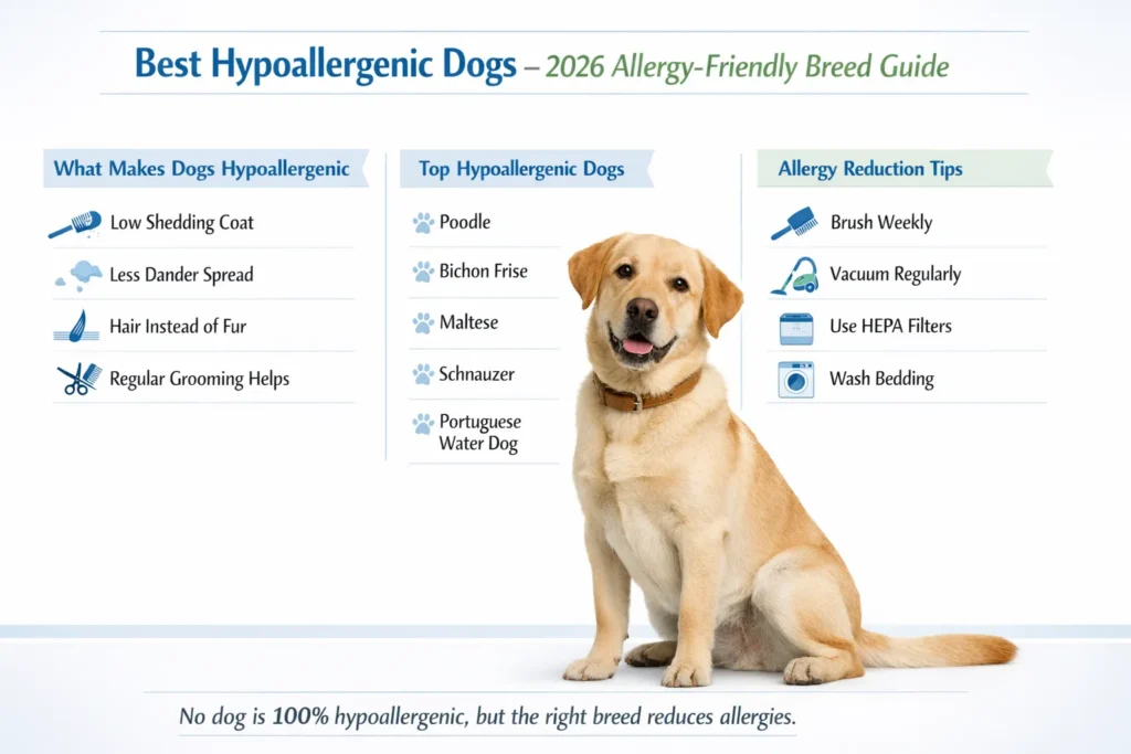 Best hypoallergenic dogs infographic showing low shedding breeds and allergy reduction tips for dog owners