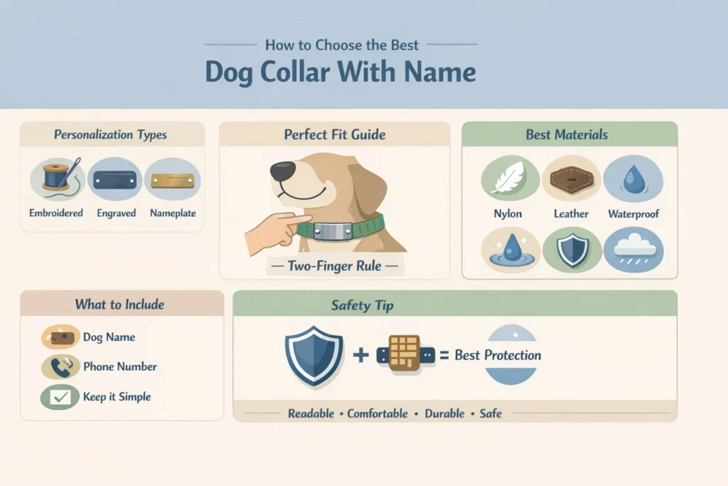 Dog collar with name infographic showing personalization types, proper fit using two-finger rule, materials like nylon and leather, and safety tips including microchip backup

