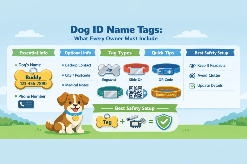 Dog ID name tags infographic showing what to include on a dog tag, types of tags, and safety tips for pet identification