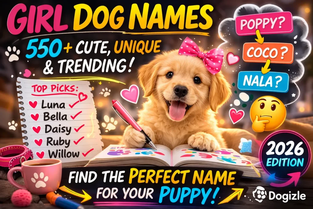 Girl dog names infographic showing 550+ cute, unique, and trending female dog names for 2026 with naming tips and popular categories.
