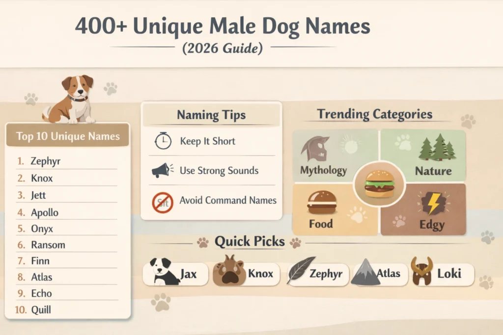 400+ unique male dog names infographic showing cool, rare, and creative dog names with naming tips and trending categories for 2026.