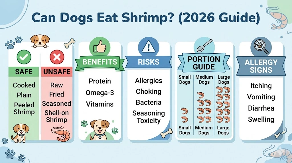 “Can dogs eat shrimp infographic showing safe preparation, benefits, risks, portion sizes, and allergy signs for dogs”