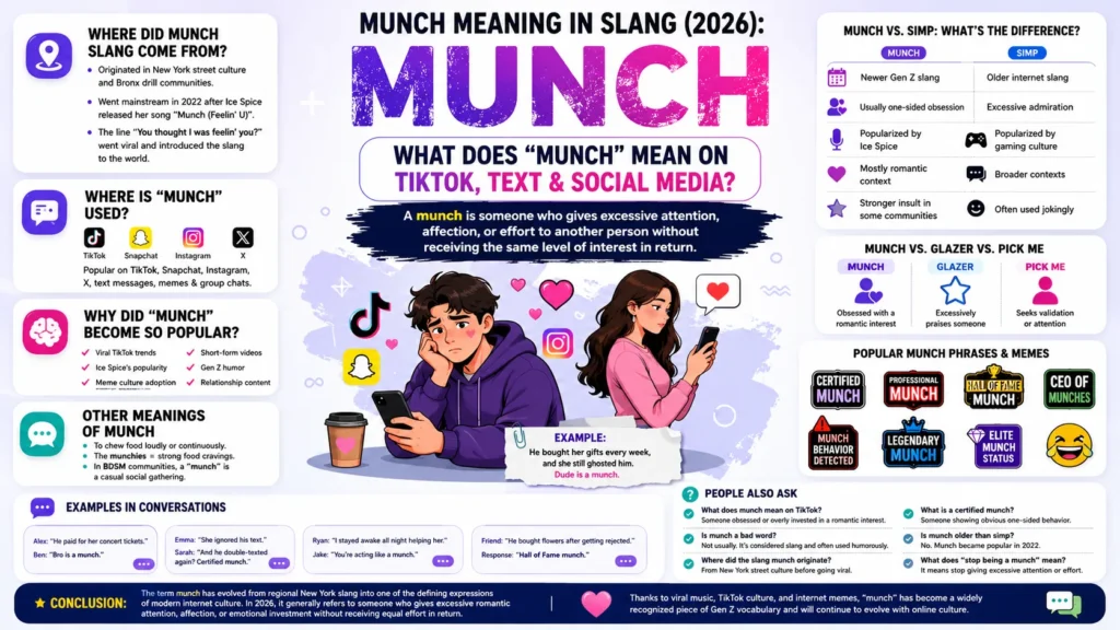 ### **Simple Clean Feature Image Prompt (16:9 Landscape – No Logo)**

**Title on Image:**
**Munch Meaning in Slang**
*What Does "Munch" Mean on TikTok, Text & Social Media? (2026 Guide)*

**AI Prompt:**

Create a **premium, minimalist 16:9 landscape feature image** (1600 × 900 px) for a blog post titled **"Munch Meaning in Slang: What Does 'Munch' Mean on TikTok, Text & Social Media? (2026 Guide)."**

Design a **clean, modern editorial-style hero image** with a white or very light gray background and subtle purple-to-pink gradient accents. Keep the layout spacious with plenty of negative space and avoid an infographic appearance.

Place a **single central illustration** featuring **two modern Gen Z young adults** standing back-to-back while using their smartphones. One character should look overly interested or emotionally invested (representing a "munch"), while the other appears calm, distracted, or uninterested. Their expressions should clearly communicate a one-sided crush without looking overly dramatic.

Around the characters, add a few **floating social media-inspired elements** such as:

* Chat bubbles
* Hearts
* Notification icons
* Message symbols
* Simple reaction emojis
* Abstract speech bubbles

Include **small floating platform icons** for **TikTok, Instagram, Snapchat, and X** around the center illustration without making them dominant.

At the top, display the title in large bold typography:

**Munch Meaning in Slang**

Below it, add the subtitle:

**What Does "Munch" Mean on TikTok, Text & Social Media?**

Use a modern color palette with shades of **purple, pink, blue, and black** for accents while maintaining a bright, clean aesthetic.

Keep the illustration centered and balanced, with soft gradients, subtle shadows, rounded shapes, and contemporary flat/vector artwork.

**Do NOT include:**

* Logo
* Watermark
* Border
* Long paragraphs
* Tables
* Charts
* Infographic sections
* Statistics
* Definitions
* Meme text
* Extra labels
* UI mockups
* Cluttered decorations

Munch Meaning in Slang